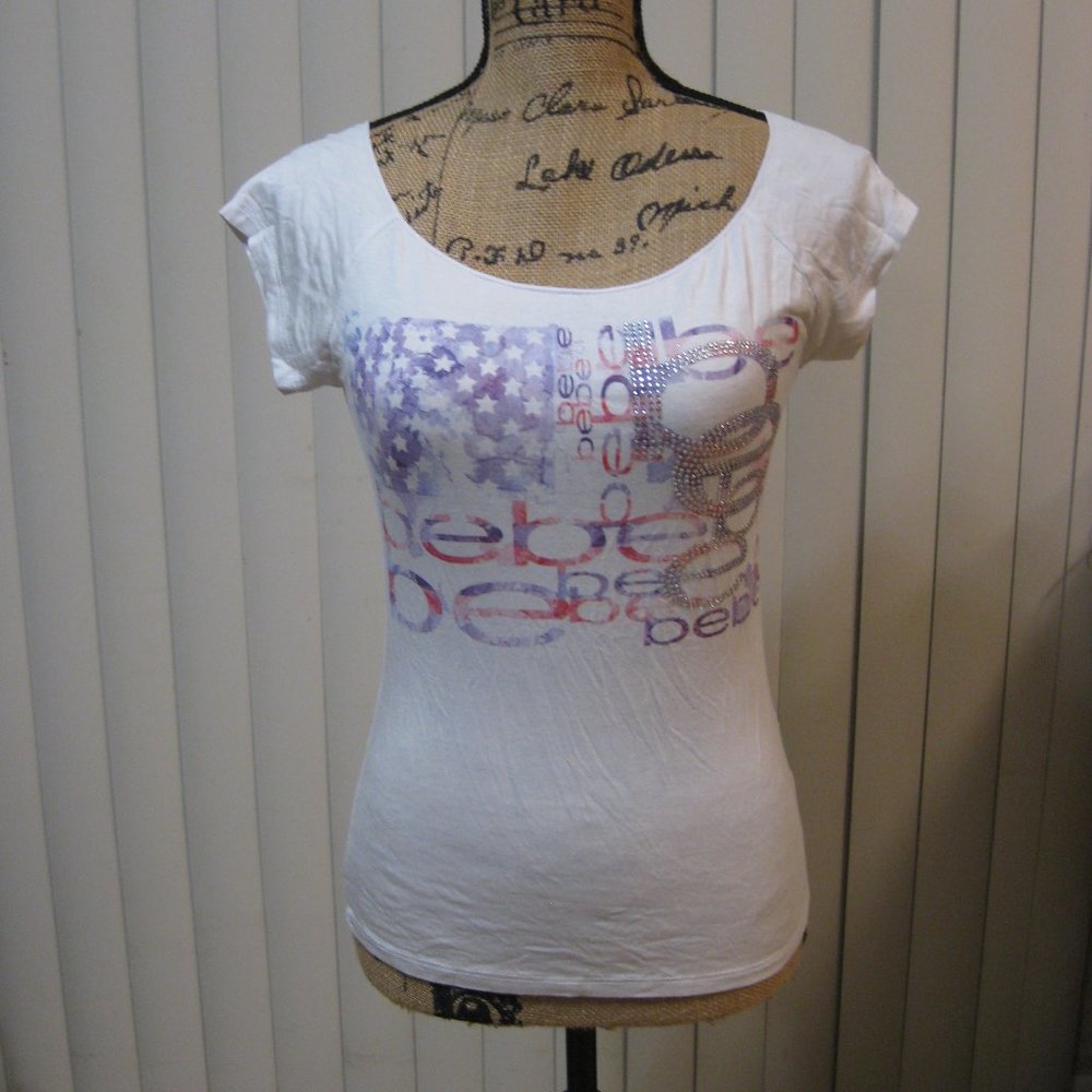 NWT Bebe white rhinestone logo graphic t shirt top XS extra small